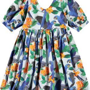 Molo Camilo Macaws Blue Woven Organic Cotton Dress